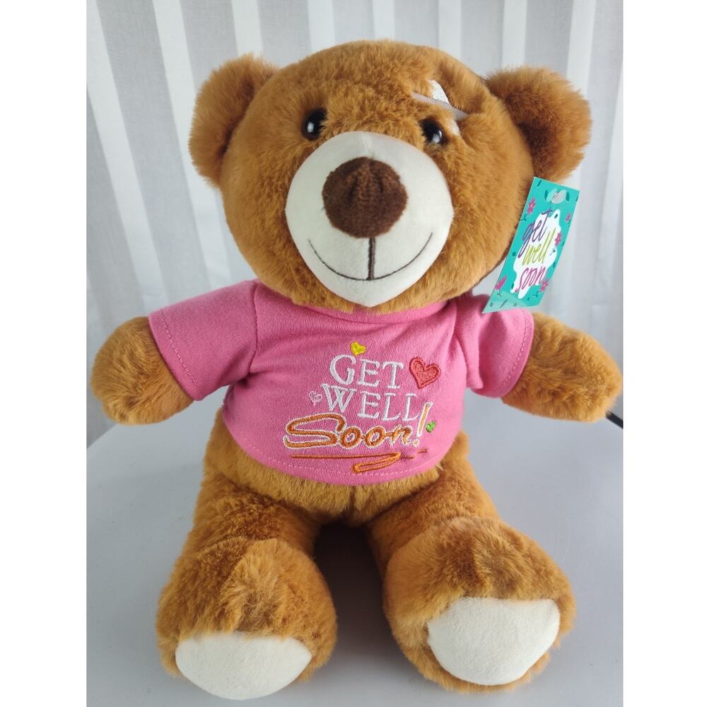 Linzy Get Well Soon Brown Plush Teddy Bear Pink T-shirt Band-Aid On Forehead
